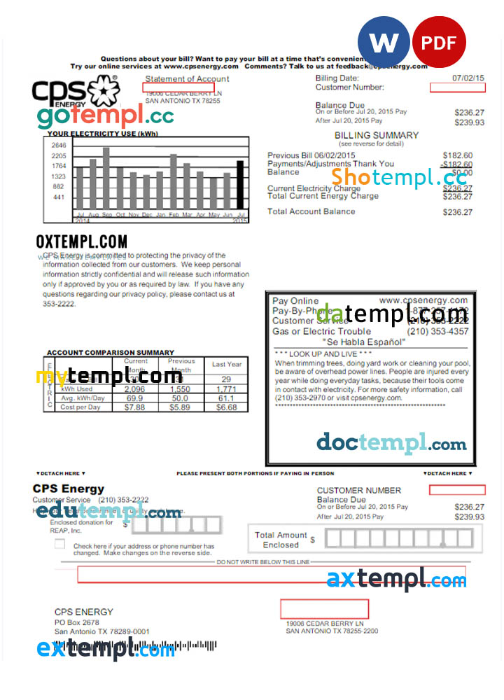 USA CPS ENERGY utility bill Word and PDF template