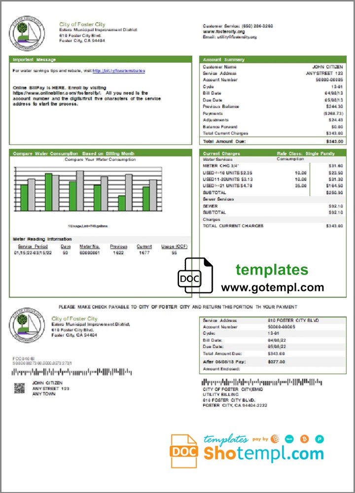USA California City of Foster City utility bill template in Word and PDF format