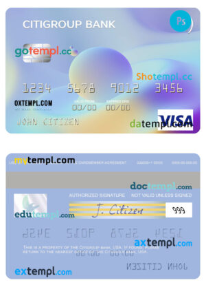 USA Citigroup Bank visa card template in PSD format
