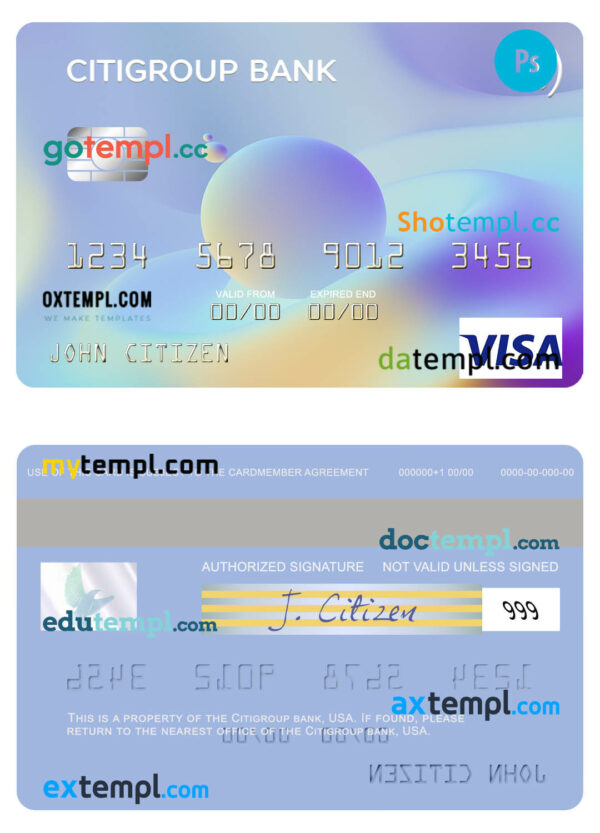 USA Citigroup Bank visa card template in PSD format