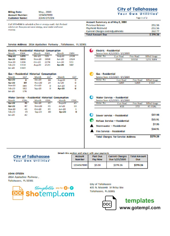 USA Florida City of Tallahassee Florida Your Own Utilities bill template in Word and PDF format
