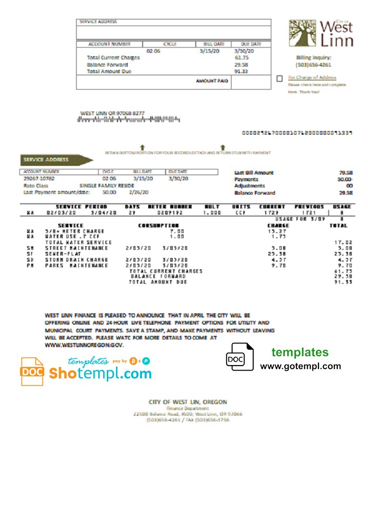 USA Oregon City of West Linn utility bill template in Word and PDF format