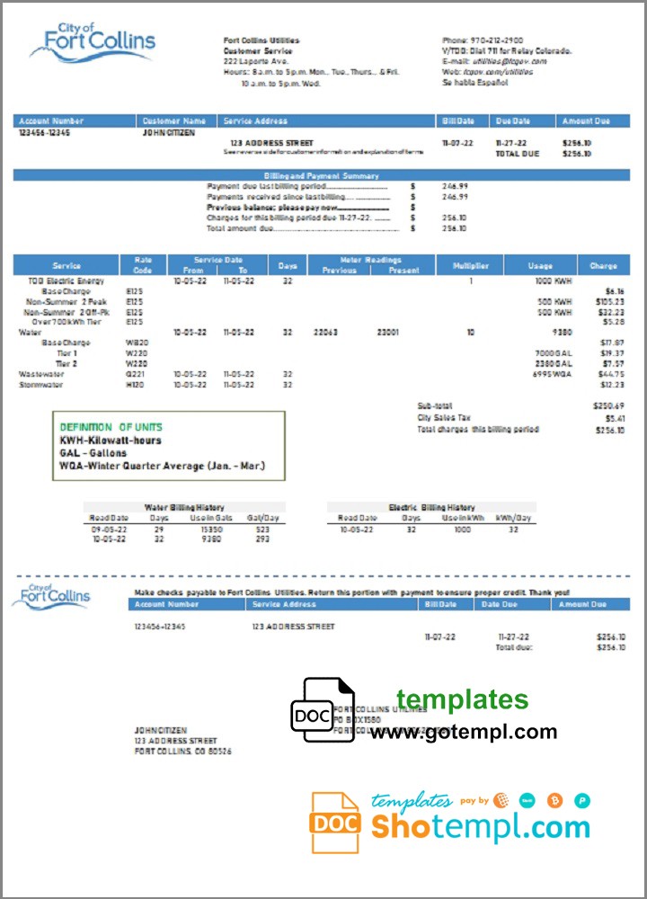 USA Colorado Fort Collins Utilities utility bill template in Word and PDF format