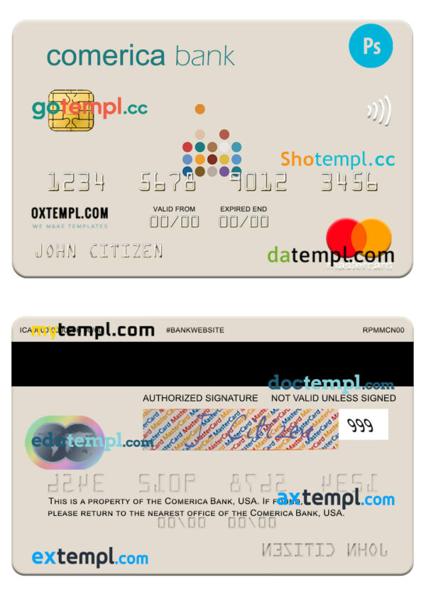 USA Comerica Bank mastercard template in PSD format