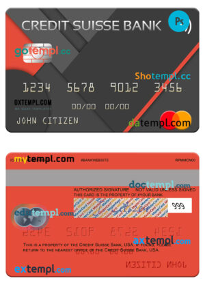 USA Credit Suisse Bank mastercard template in PSD format