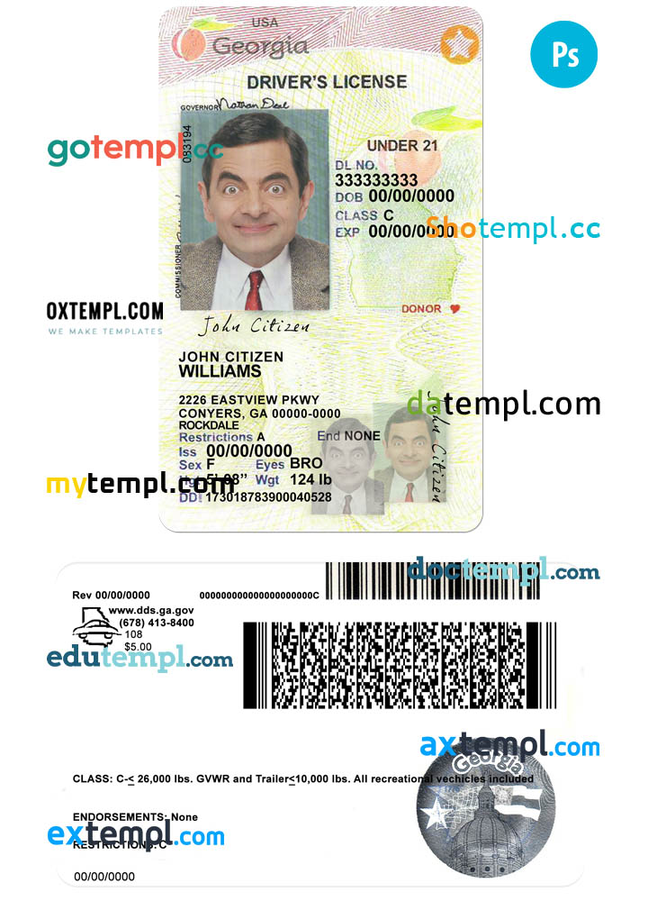 USA Georgia state vertical driving license editable PSD template, under 21, 2017-2019