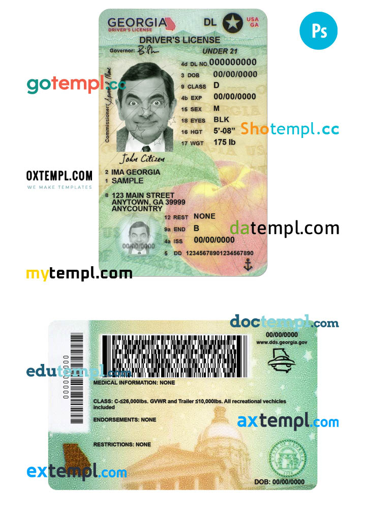 USA Georgia state vertical driving license editable PSD template, under 21