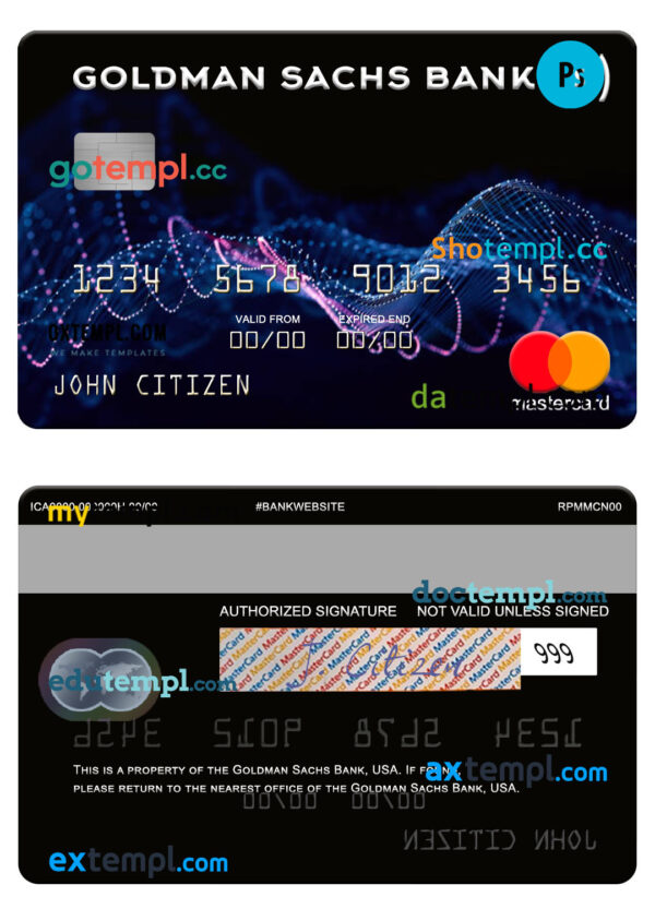 USA Goldman Sachs Bank mastercard template in PSD format