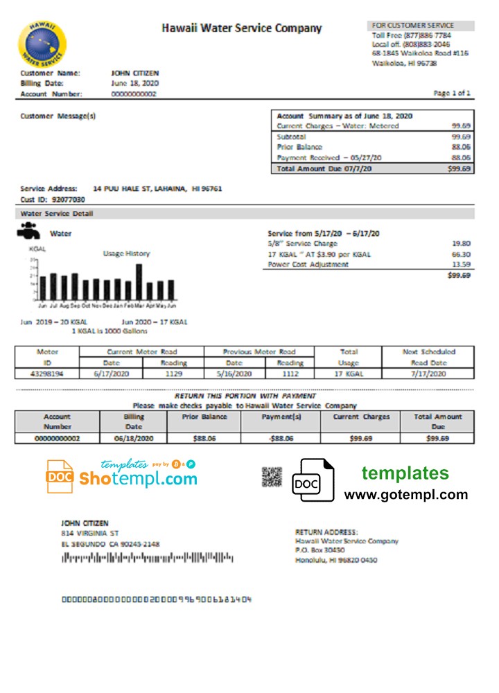 USA Hawaii Water Service Company utility bill template in Word and PDF (.doc and .pdf) format
