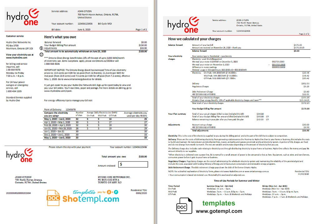 USA Ontario's Hydro One electricity utility bill template in Word and PDF format (2 pages)