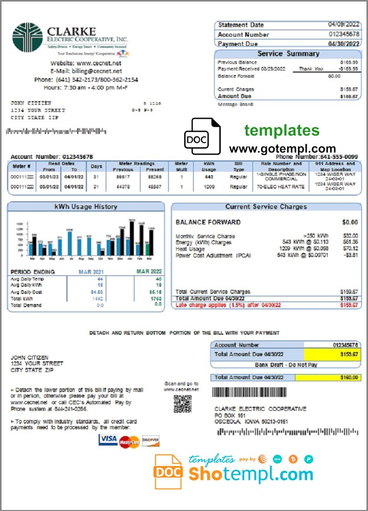 USA Iowa Clarke Electric Cooperative, Inc utility bill template in Word and PDF format