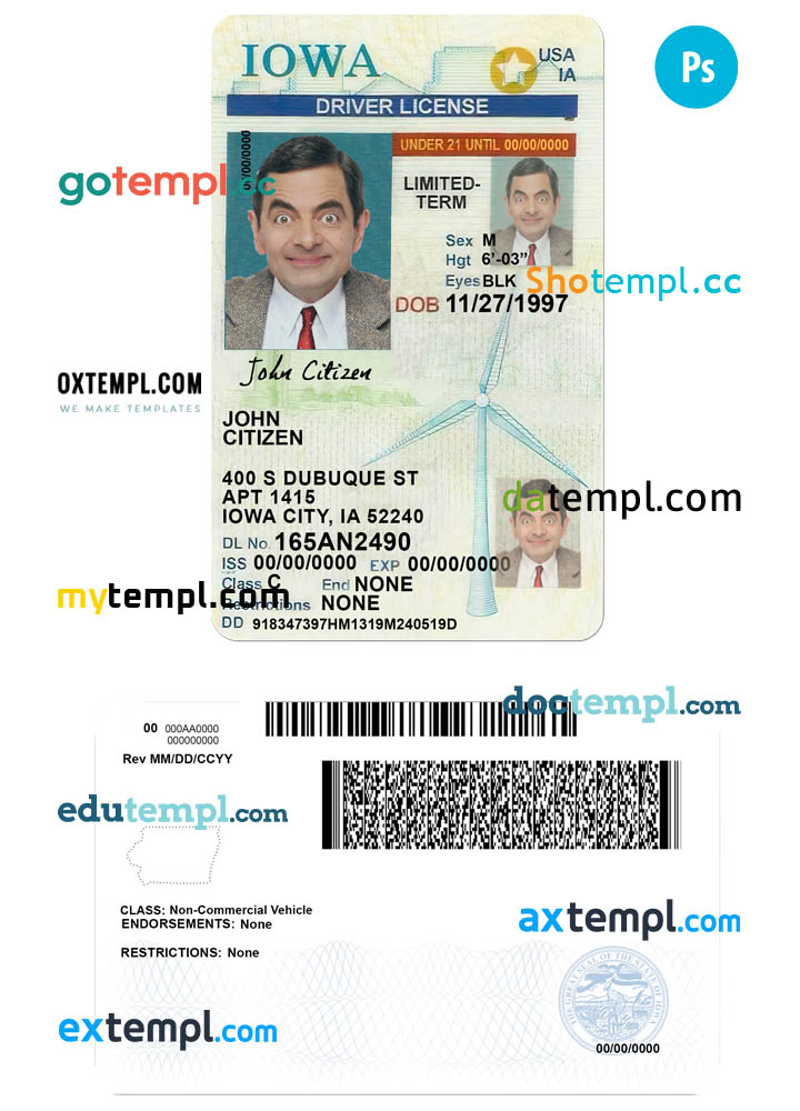 USA Iowa state vertical driving license editable PSD template, under 21