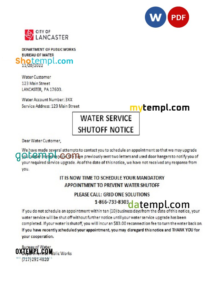 USA Lancaster Water service utility bill shutoff notice, Word and PDF template