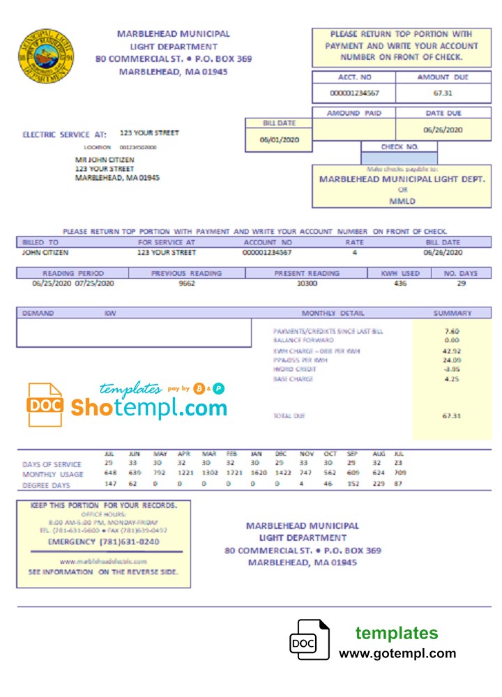 USA Marblehead Municipal Light Department utility bill template in Word and PDF format
