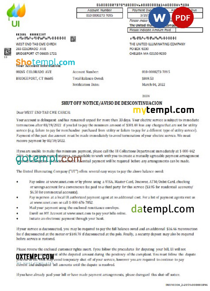 USA Massachusetts Chelsea The United Illuminating Company utility bill shutoff notice, Word and PDF template