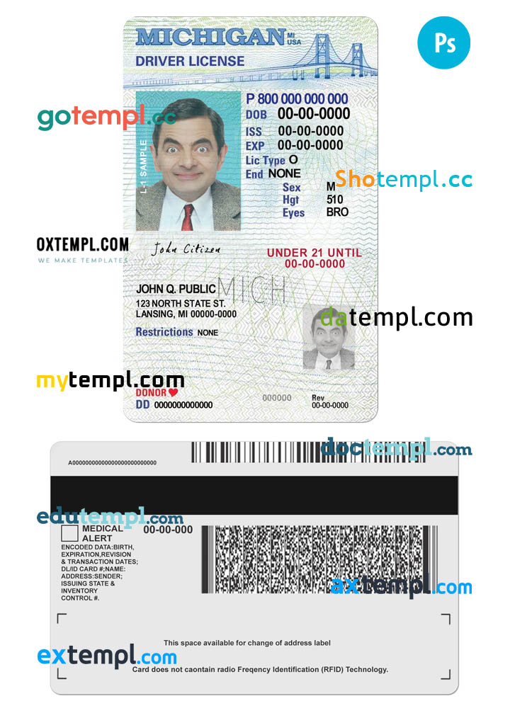 USA Michigan state vertical driving license editable PSD template, under 21