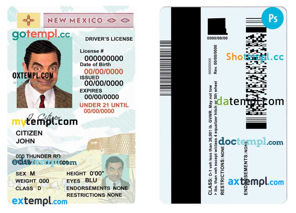 USA New Mexico driving license template in PSD format, under 21