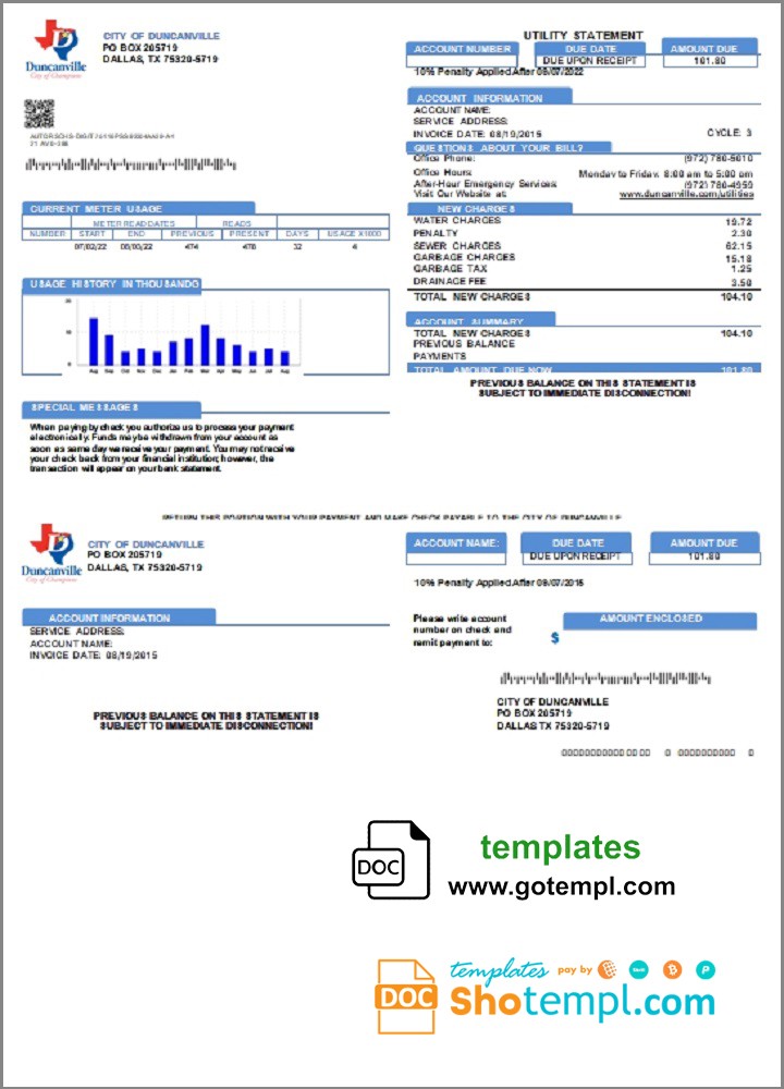 USA Texas City of Duncanville utility bill template in Word and PDF format
