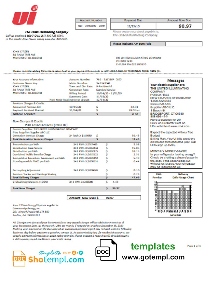 USA Connecticut The United Illuminating Company electricity utility bill template in Word and PDF format