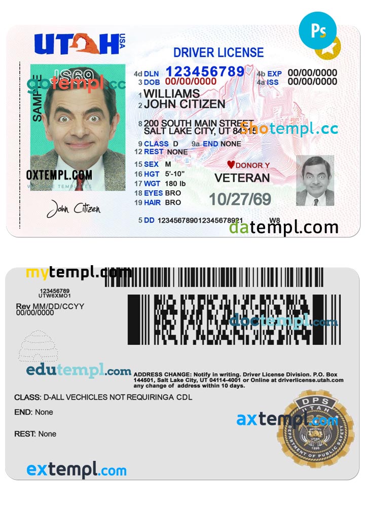 USA Utah driving license template in PSD format, 2021 - present