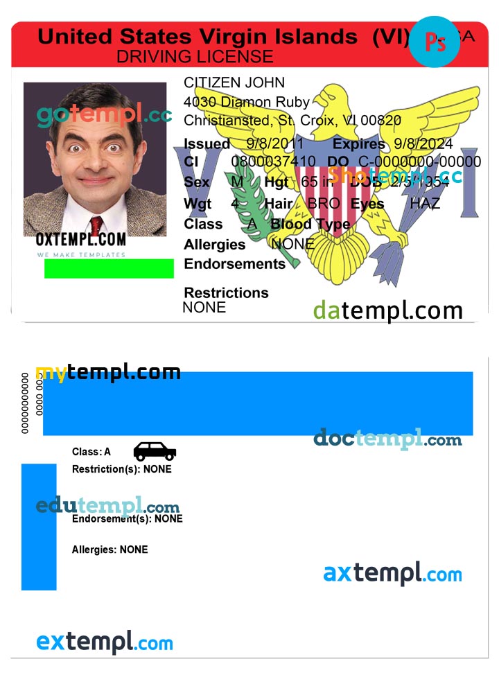 USA Virgin Islands driving license template in PSD format