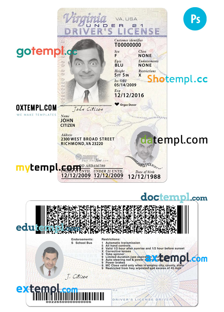 USA Virginia state vertical driving license editable PSD template, under 21, 2009-present