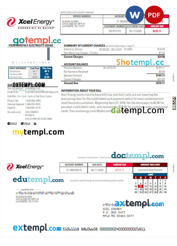 USA Xcel Energy utility bill Word and PDF template