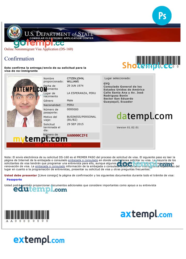USA nonimmigrant visa application (DS-160) PSD template, with fonts