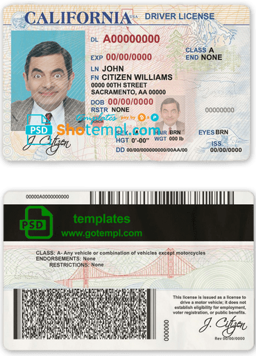 USA California driver license template in PSD format