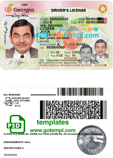 USA Georgia driving license template in PSD format, 2017-2019