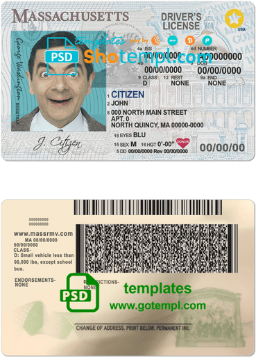 USA Massachusetts driving license template in PSD format, with the fonts