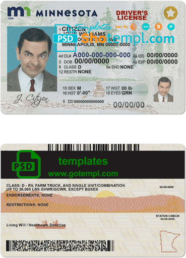 USA Minnesota driving license template in PSD format, with the fonts