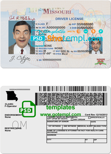 USA Missouri driving license template in PSD format, with the fonts