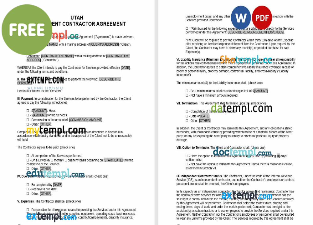 Utah independent contractor agreement template, Word and PDF format