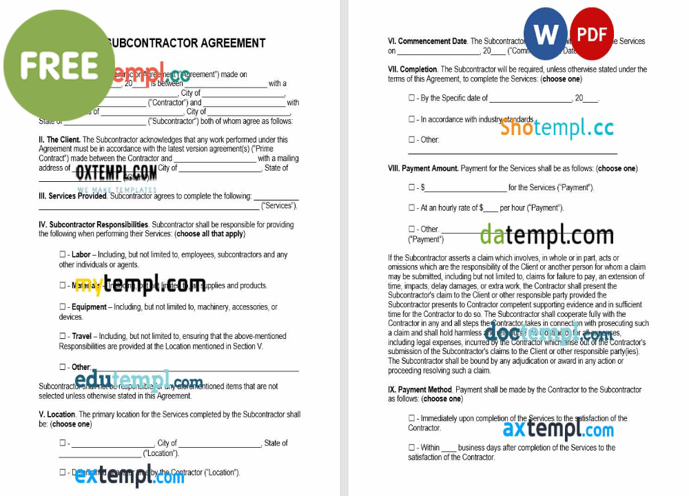 Utah subcontractor agreement template, Word and PDF format