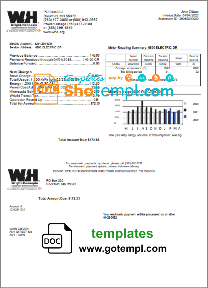 USA Minnesota Wright-Hennepin utility bill template in Word and PDF format