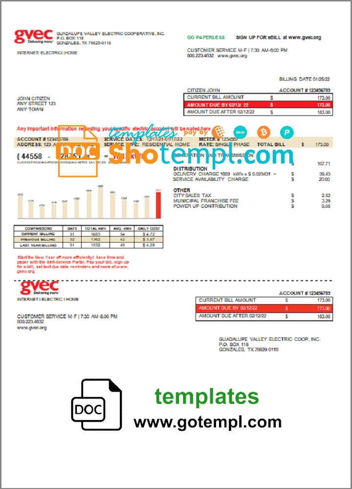 USA Texas GVEC utility bill template in Word and PDF format
