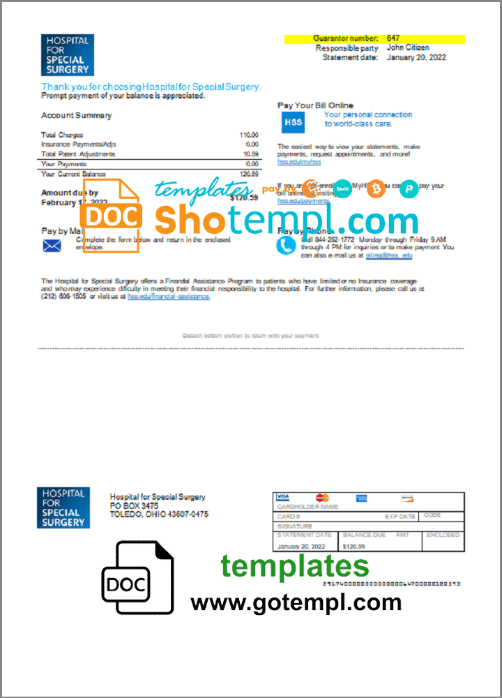 USA Ohio Hospital For Special Surgery utility bill template in Word and PDF format