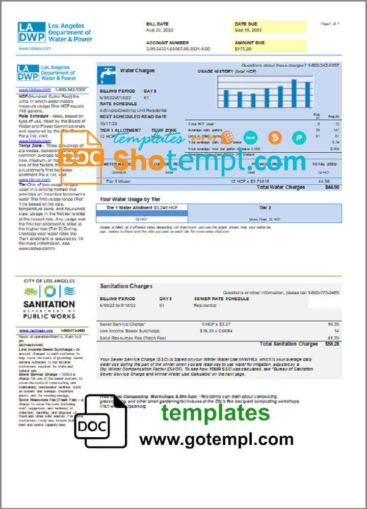 USA LA DWP utility bill template in Word and PDF format