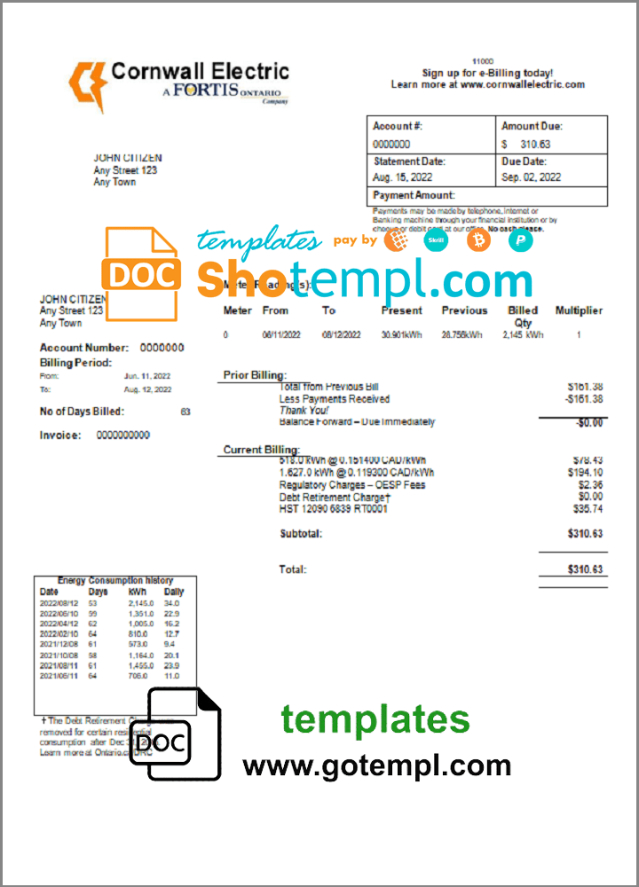 USA Cornwall Electric utility bill template in Word and PDF format