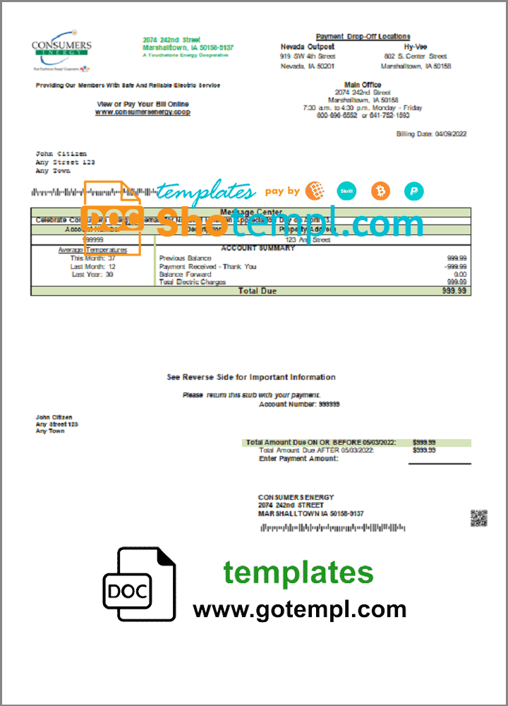 USA Consumers Energy utility bill template in Word and PDF format