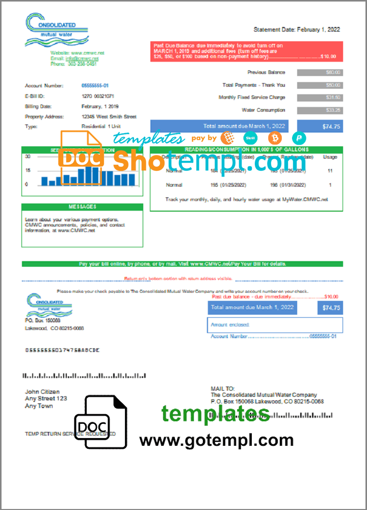 USA Consolidated Mutual Water utility bill template in Word and PDF format