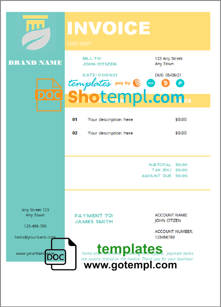 # robust built universal multipurpose invoice template in Word and PDF format, fully editable