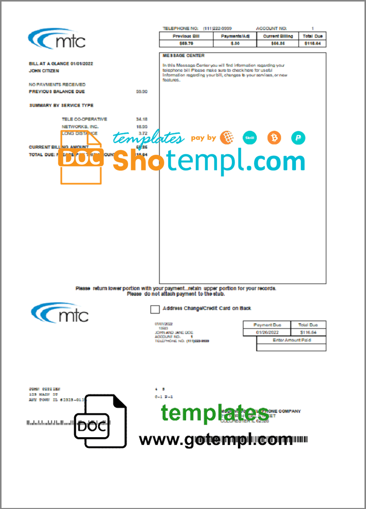 USA Illinois MTC utility bill template in Word and PDF format