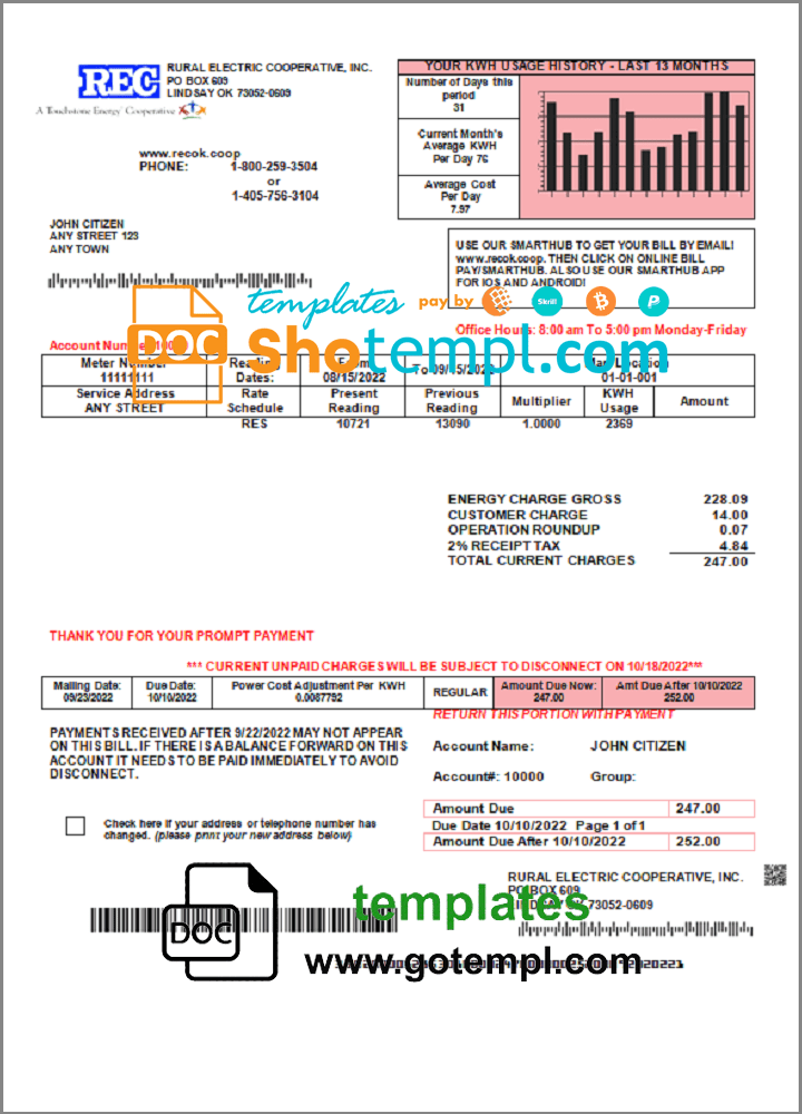 USA Rural Electric Cooperative utility bill template in Word and PDF format