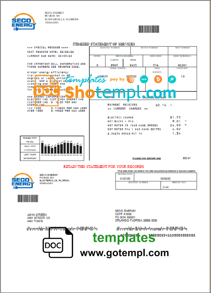 USA Florida Seco Energy utility bill template in Word and PDF format