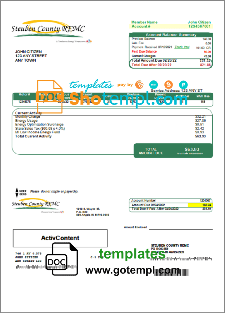 USA Steuben Country REMC utility bill template in Word and PDF format