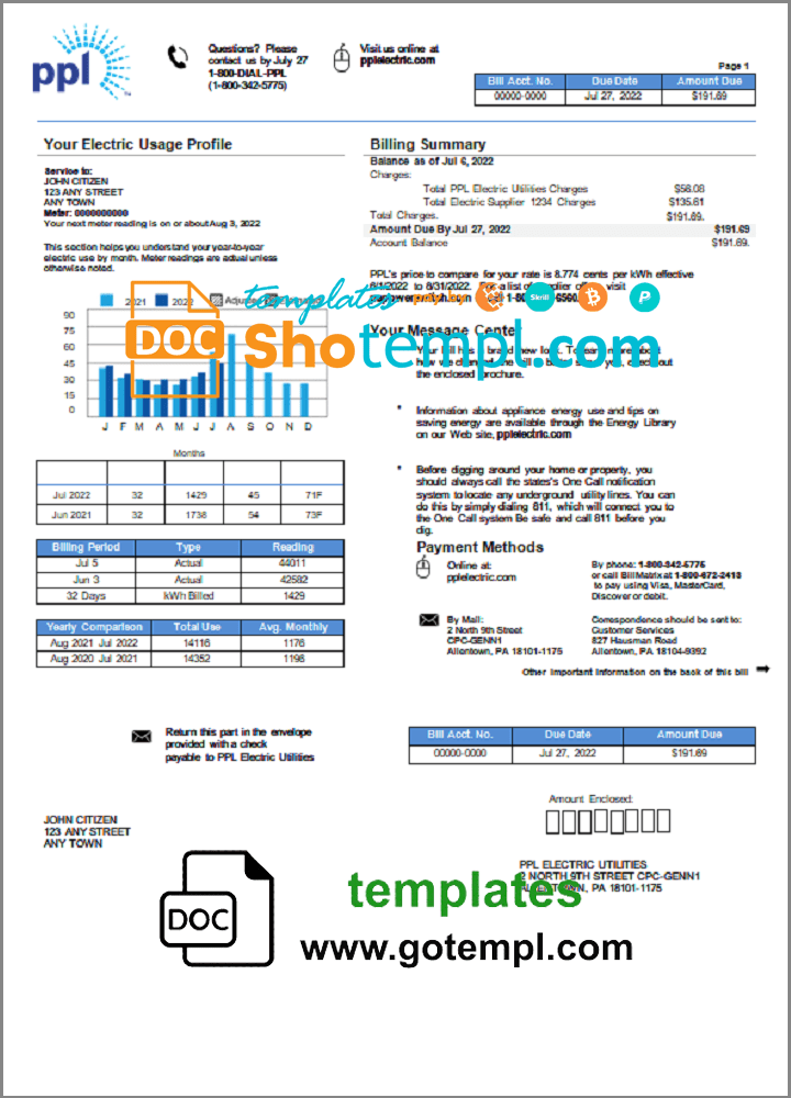 USA Philadelphia PPL utility bill template in Word and PDF format
