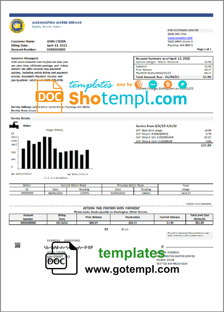 USA Washington Water Service utility bill template in Word and PDF format