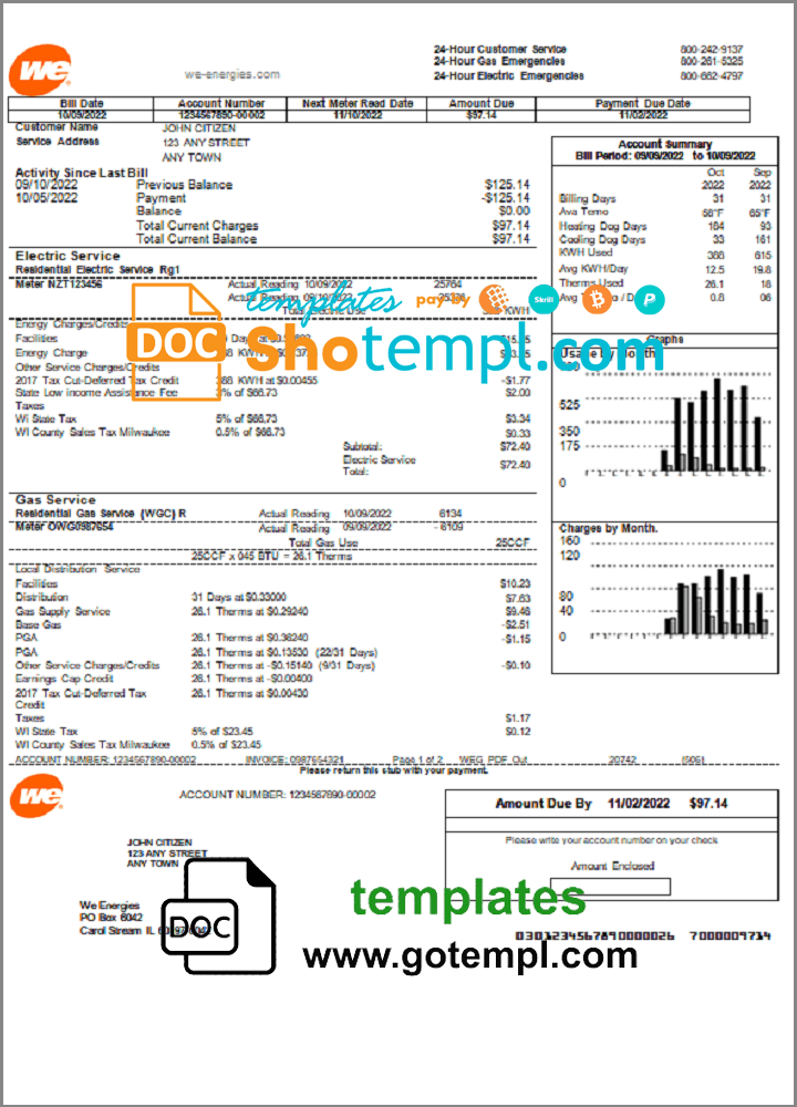 USA We utility bill template in Word and PDF format